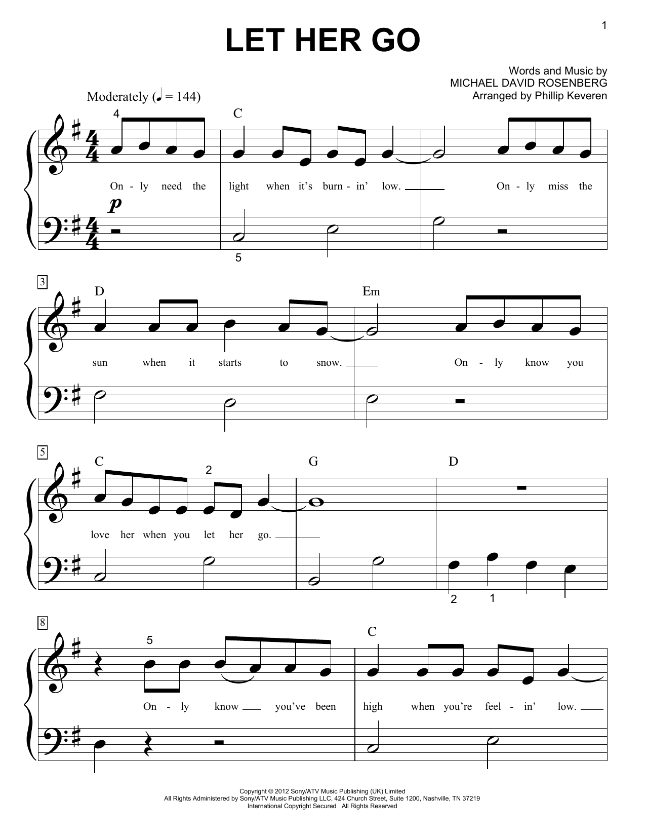 Phillip Keveren Let Her Go Sheet Music Notes & Chords for Piano (Big Notes) - Download or Print PDF