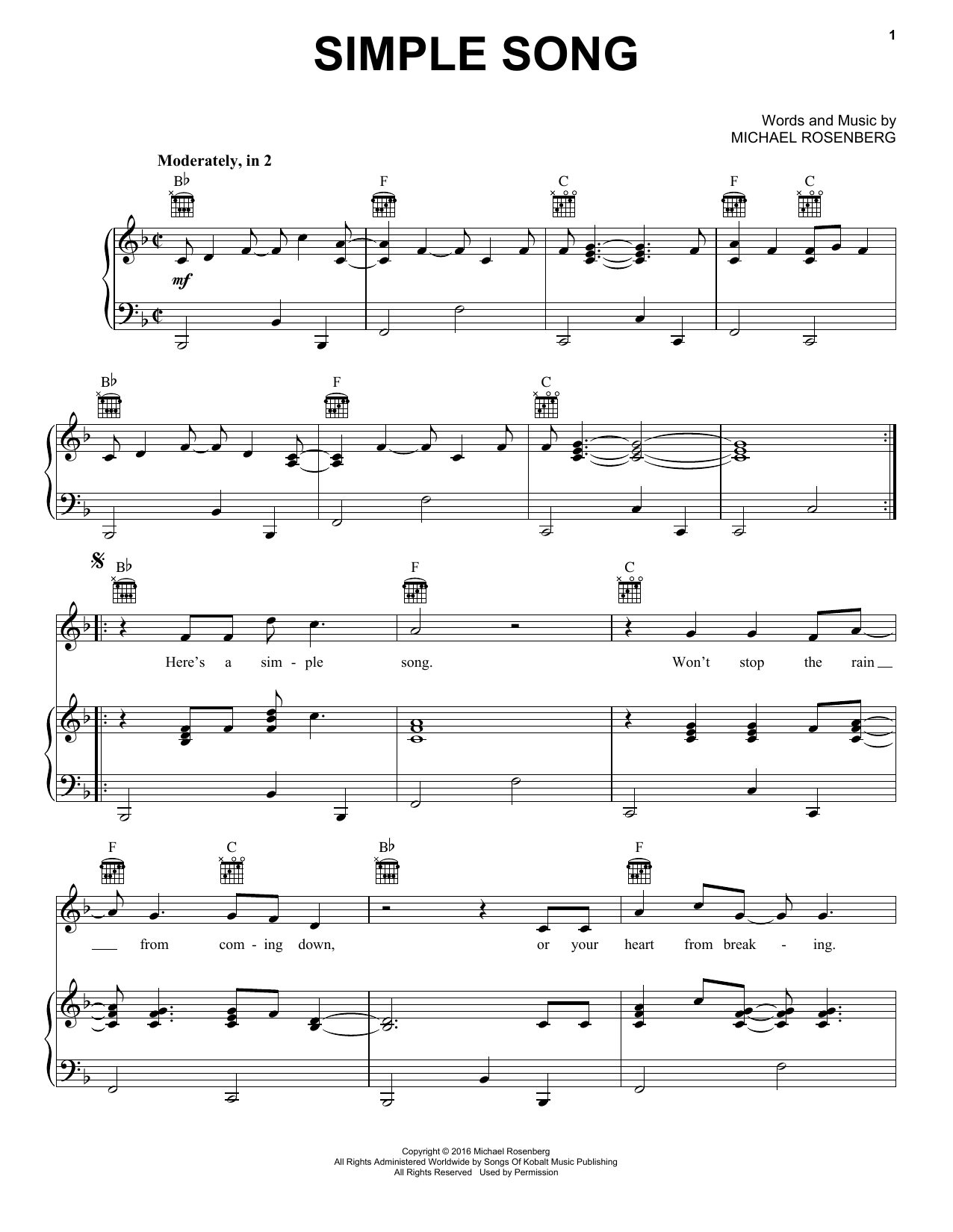 Passenger Simple Song Sheet Music Notes & Chords for Piano, Vocal & Guitar (Right-Hand Melody) - Download or Print PDF
