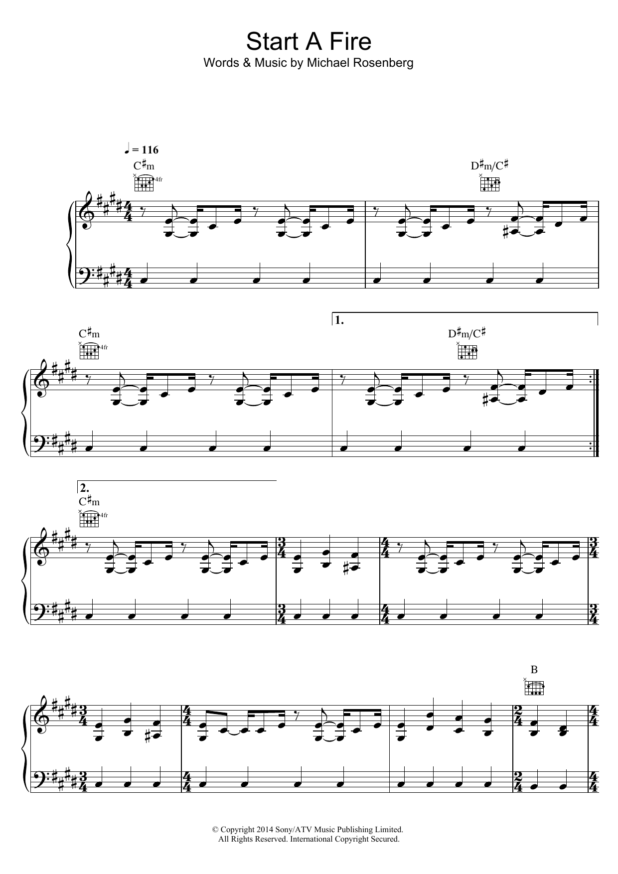 Passenger Start A Fire Sheet Music Notes & Chords for Piano, Vocal & Guitar (Right-Hand Melody) - Download or Print PDF