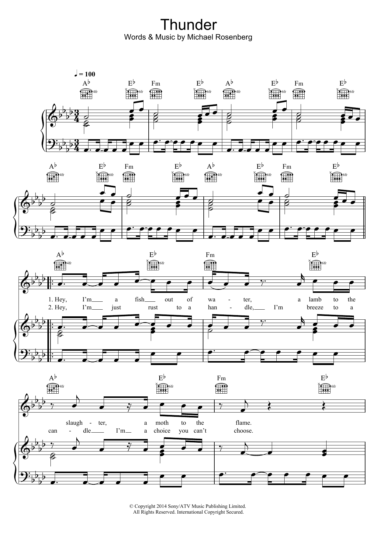 Passenger Thunder Sheet Music Notes & Chords for Piano, Vocal & Guitar (Right-Hand Melody) - Download or Print PDF