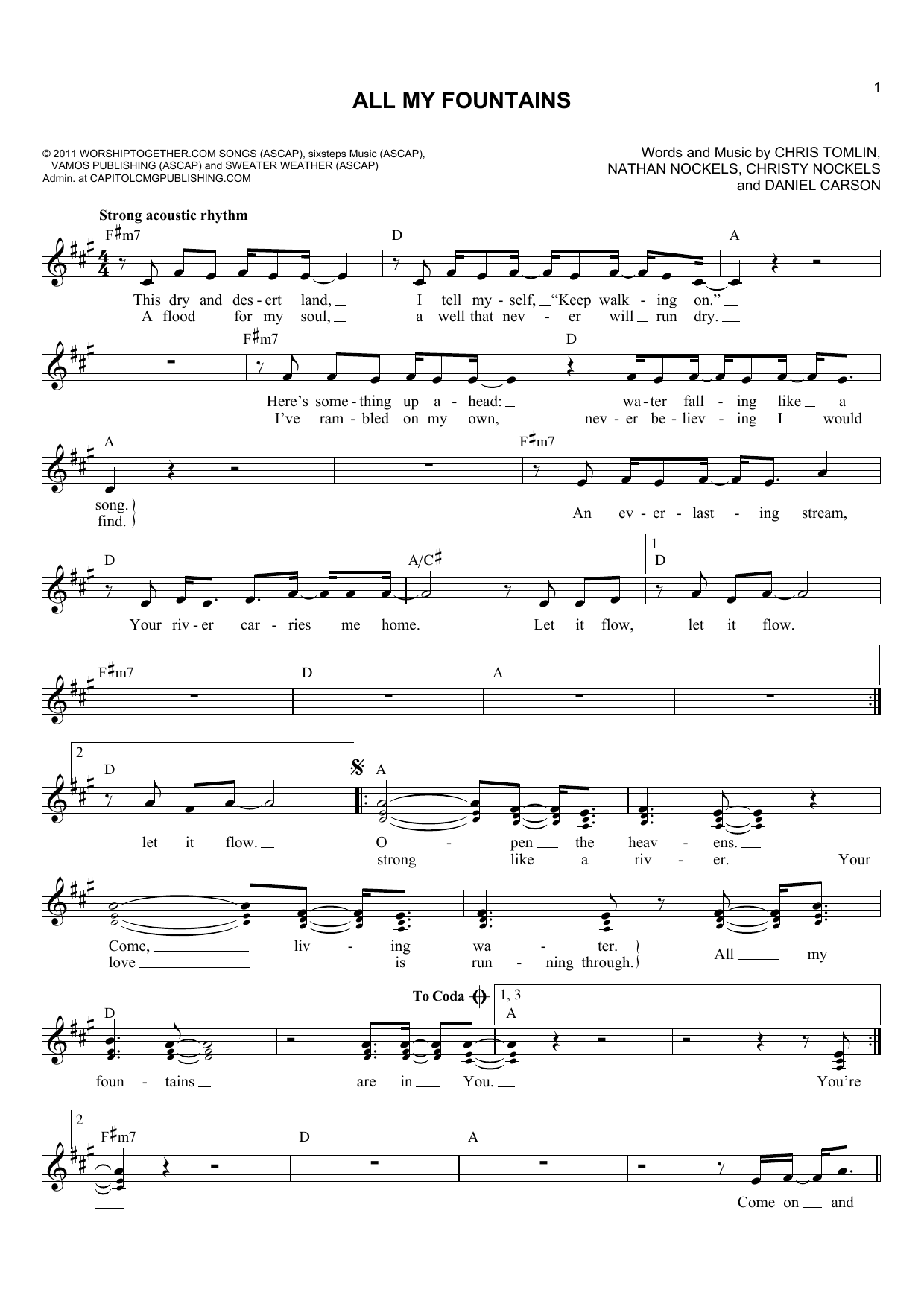 Passion All My Fountains Sheet Music Notes & Chords for Melody Line, Lyrics & Chords - Download or Print PDF