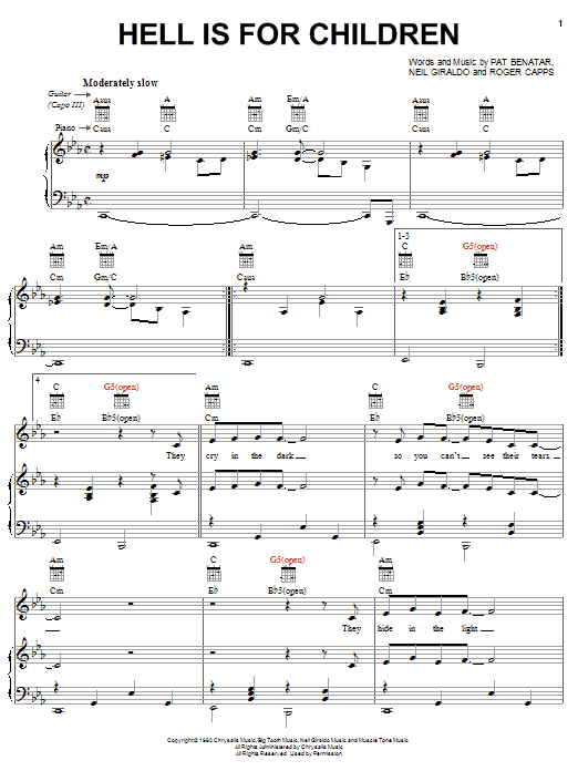 Pat Benatar Hell Is For Children Sheet Music Notes & Chords for Piano, Vocal & Guitar (Right-Hand Melody) - Download or Print PDF
