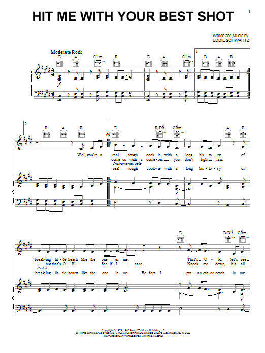 Pat Benatar Hit Me With Your Best Shot Sheet Music Notes & Chords for Piano, Vocal & Guitar (Right-Hand Melody) - Download or Print PDF