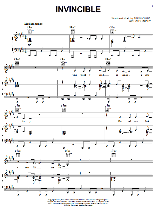 Pat Benatar Invincible Sheet Music Notes & Chords for Piano, Vocal & Guitar (Right-Hand Melody) - Download or Print PDF
