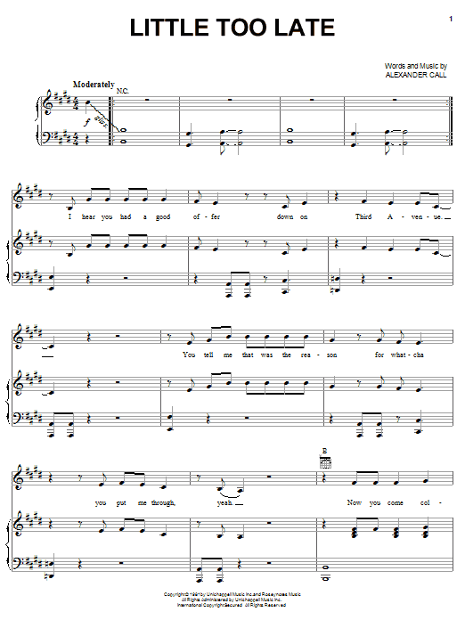 Pat Benatar Little Too Late Sheet Music Notes & Chords for Piano, Vocal & Guitar (Right-Hand Melody) - Download or Print PDF