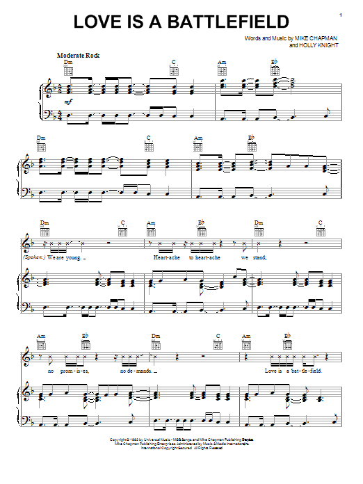 Pat Benatar Love Is A Battlefield Sheet Music Notes & Chords for Melody Line, Lyrics & Chords - Download or Print PDF