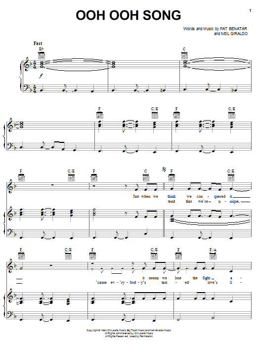 Pat Benatar Ooh Ooh Song Sheet Music Notes & Chords for Piano, Vocal & Guitar (Right-Hand Melody) - Download or Print PDF