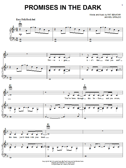 Pat Benatar Promises In The Dark Sheet Music Notes & Chords for Piano, Vocal & Guitar (Right-Hand Melody) - Download or Print PDF