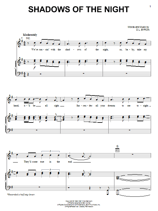 Pat Benatar Shadows Of The Night Sheet Music Notes & Chords for Piano, Vocal & Guitar (Right-Hand Melody) - Download or Print PDF Pat Benatar Shadows Of The Night Sheet Music Notes & Chords for Piano, Vocal & Guitar (Right-Hand Melody) - Download or Print PDF