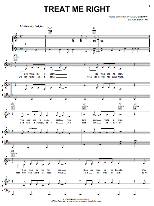 Pat Benatar Treat Me Right Sheet Music Notes & Chords for Piano, Vocal & Guitar (Right-Hand Melody) - Download or Print PDF