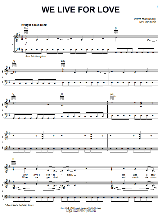 Pat Benatar We Live For Love Sheet Music Notes & Chords for Piano, Vocal & Guitar (Right-Hand Melody) - Download or Print PDF