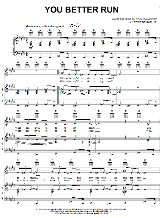 Pat Benatar You Better Run Sheet Music Notes & Chords for Piano, Vocal & Guitar (Right-Hand Melody) - Download or Print PDF