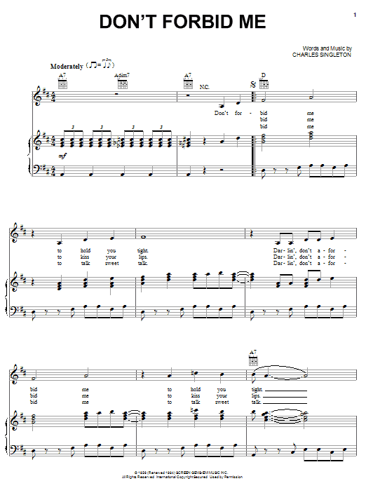 Pat Boone Don't Forbid Me Sheet Music Notes & Chords for Lyrics & Chords - Download or Print PDF