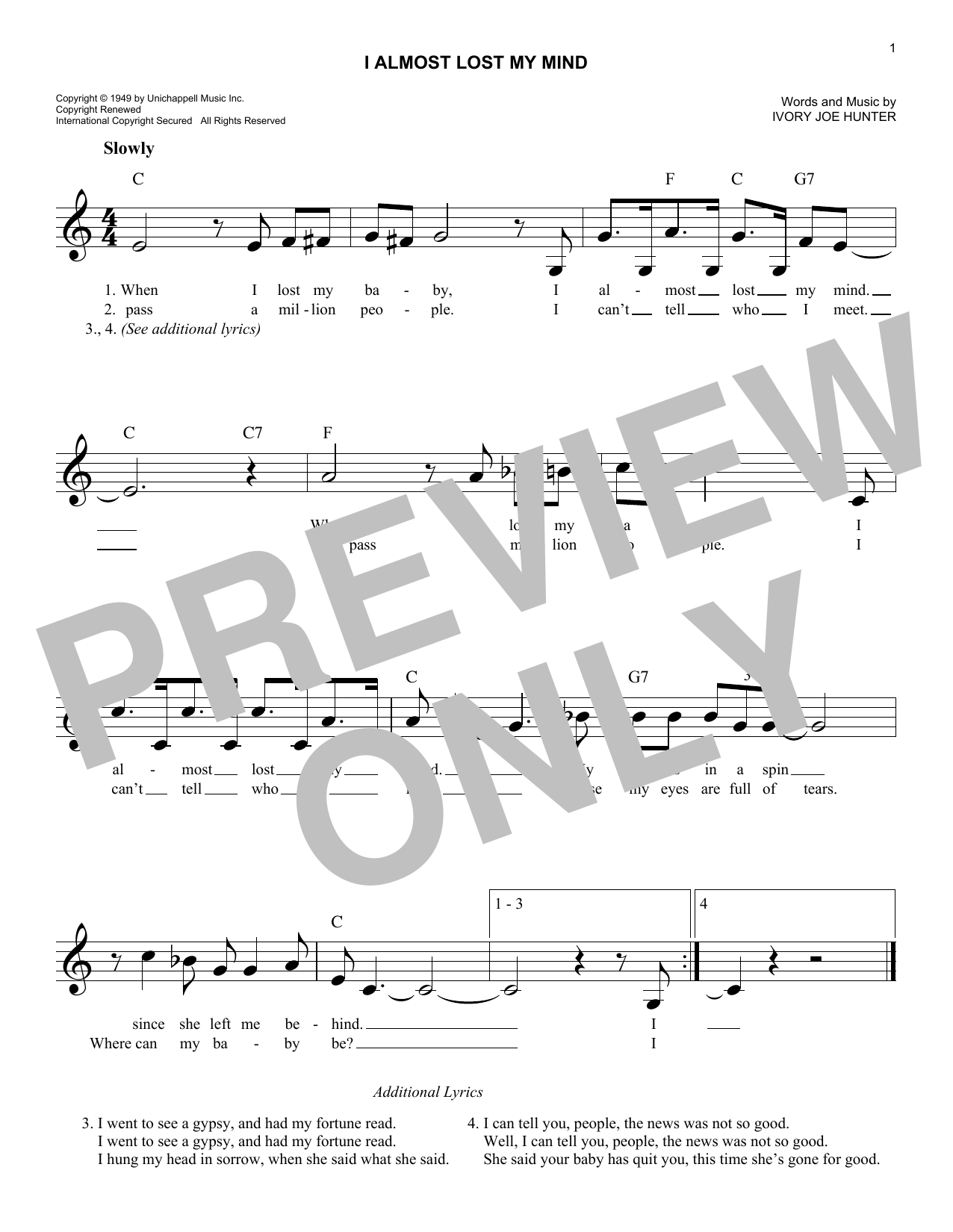 Pat Boone I Almost Lost My Mind Sheet Music Notes & Chords for Melody Line, Lyrics & Chords - Download or Print PDF