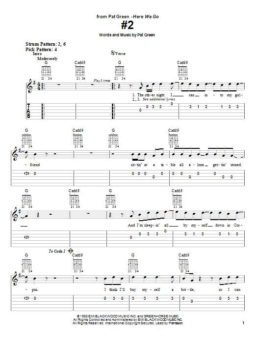 Pat Green #2 Sheet Music Notes & Chords for Easy Guitar Tab - Download or Print PDF