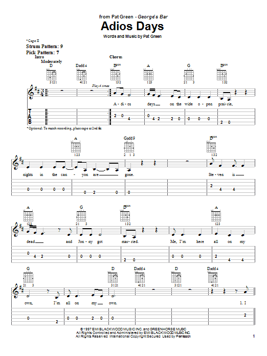Pat Green Adios Days Sheet Music Notes & Chords for Easy Guitar Tab - Download or Print PDF
