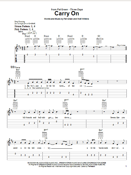 Pat Green Carry On Sheet Music Notes & Chords for Easy Guitar Tab - Download or Print PDF