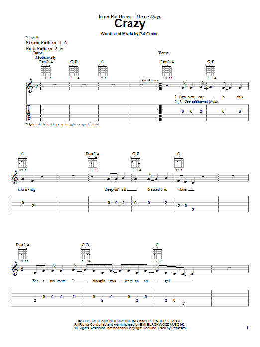 Pat Green Crazy Sheet Music Notes & Chords for Easy Guitar Tab - Download or Print PDF