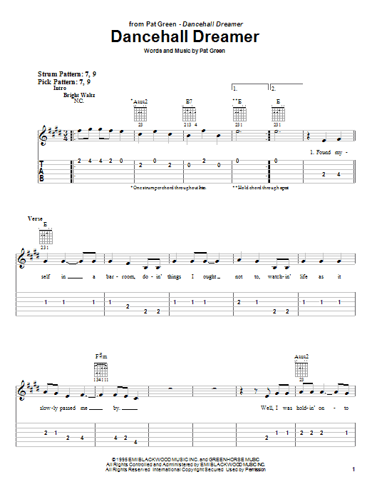 Pat Green Dancehall Dreamer Sheet Music Notes & Chords for Easy Guitar Tab - Download or Print PDF