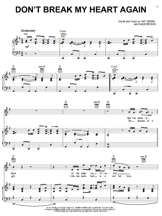 Pat Green Don't Break My Heart Again Sheet Music Notes & Chords for Piano, Vocal & Guitar (Right-Hand Melody) - Download or Print PDF
