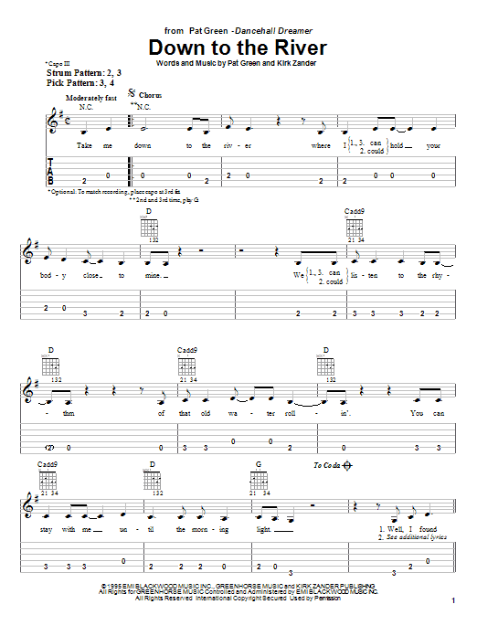 Pat Green Down To The River Sheet Music Notes & Chords for Easy Guitar Tab - Download or Print PDF