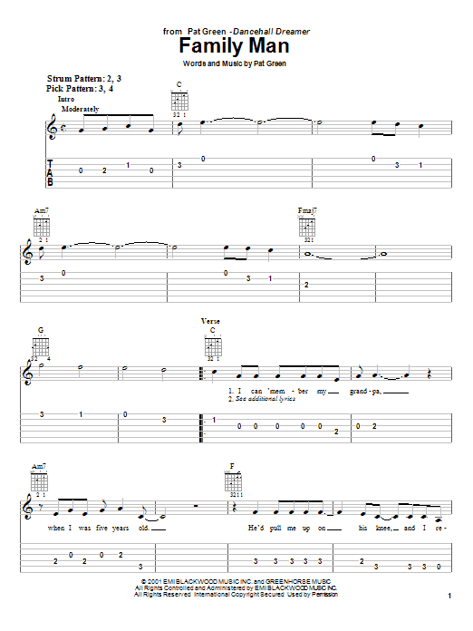 Pat Green Family Man Sheet Music Notes & Chords for Easy Guitar Tab - Download or Print PDF