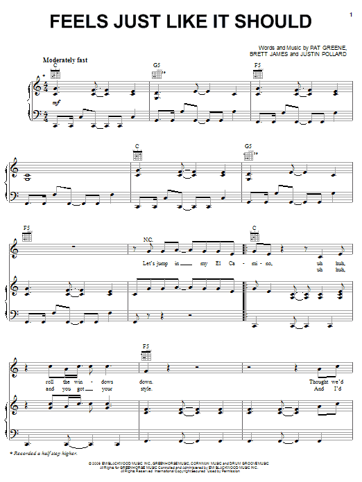 Pat Green Feels Just Like It Should Sheet Music Notes & Chords for Piano, Vocal & Guitar (Right-Hand Melody) - Download or Print PDF