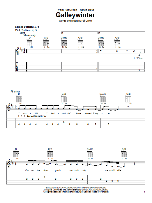 Pat Green Galleywinter Sheet Music Notes & Chords for Easy Guitar Tab - Download or Print PDF