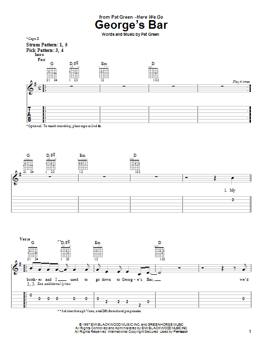 Pat Green George's Bar Sheet Music Notes & Chords for Easy Guitar Tab - Download or Print PDF