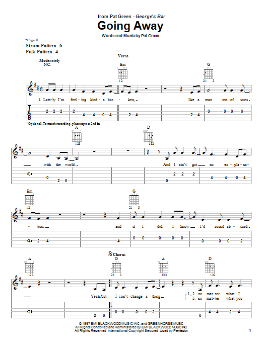 Pat Green Going Away Sheet Music Notes & Chords for Easy Guitar Tab - Download or Print PDF
