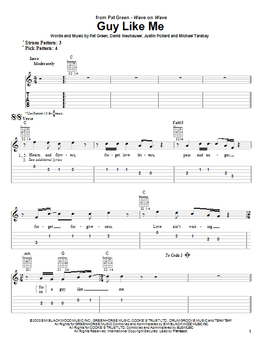 Pat Green Guy Like Me Sheet Music Notes & Chords for Easy Guitar Tab - Download or Print PDF