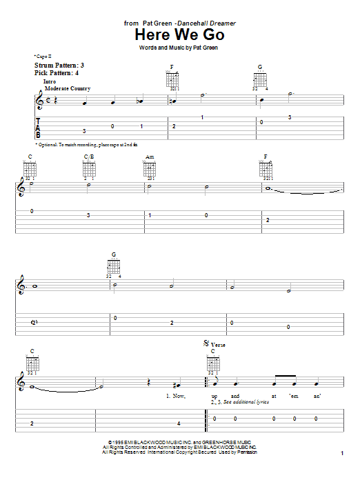 Pat Green Here We Go Sheet Music Notes & Chords for Easy Guitar Tab - Download or Print PDF