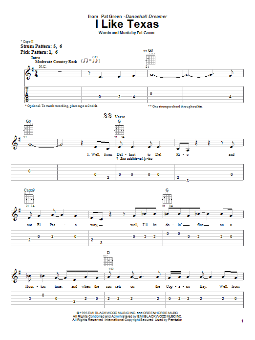 Pat Green I Like Texas Sheet Music Notes & Chords for Easy Guitar Tab - Download or Print PDF