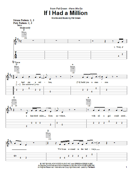 Pat Green If I Had A Million Sheet Music Notes & Chords for Easy Guitar Tab - Download or Print PDF