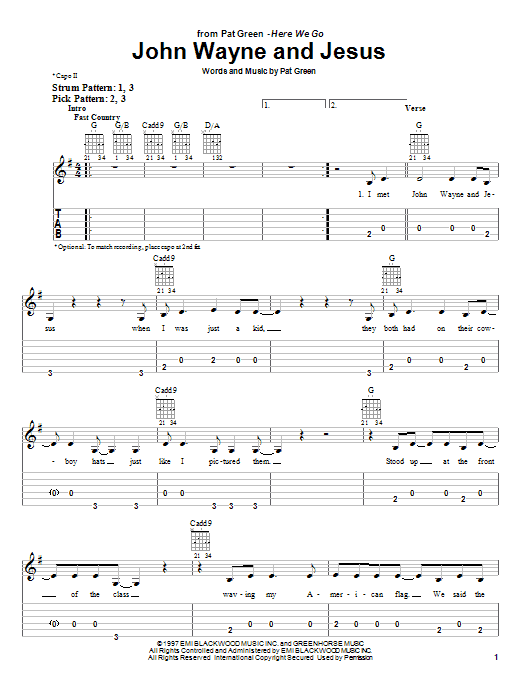 Pat Green John Wayne And Jesus Sheet Music Notes & Chords for Easy Guitar Tab - Download or Print PDF
