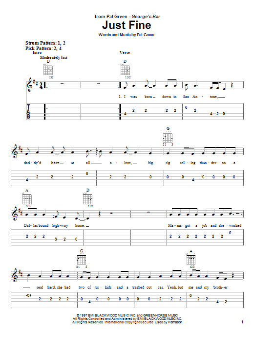 Pat Green Just Fine Sheet Music Notes & Chords for Easy Guitar Tab - Download or Print PDF