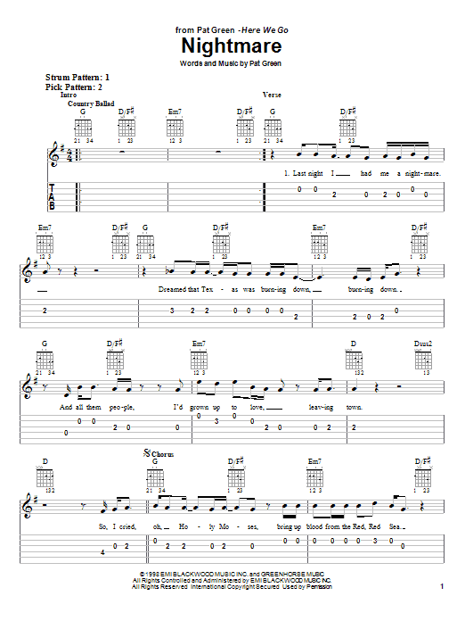Pat Green Nightmare Sheet Music Notes & Chords for Easy Guitar Tab - Download or Print PDF