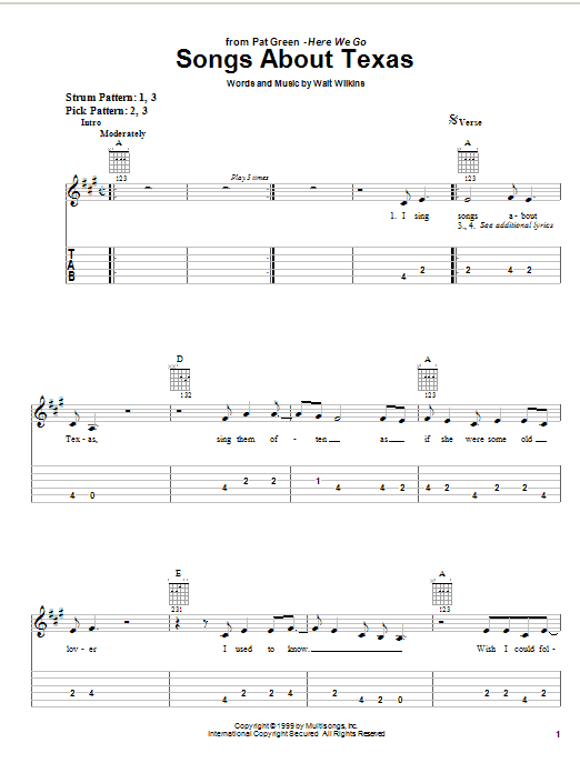 Pat Green Songs About Texas Sheet Music Notes & Chords for Easy Guitar Tab - Download or Print PDF