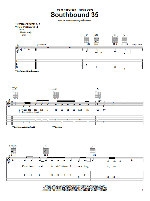 Pat Green Southbound 35 Sheet Music Notes & Chords for Easy Guitar Tab - Download or Print PDF