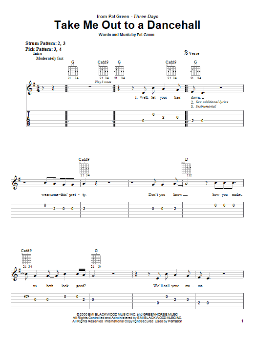 Pat Green Take Me Out To A Dancehall Sheet Music Notes & Chords for Easy Guitar Tab - Download or Print PDF