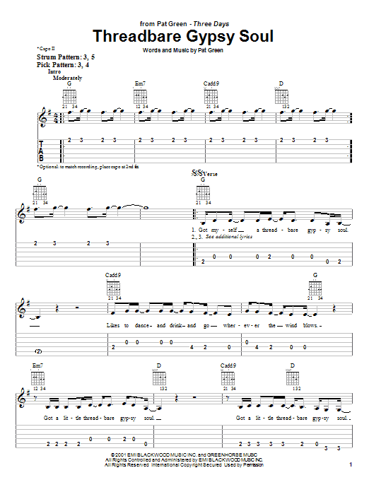 Pat Green Threadbare Gypsy Soul Sheet Music Notes & Chords for Easy Guitar Tab - Download or Print PDF