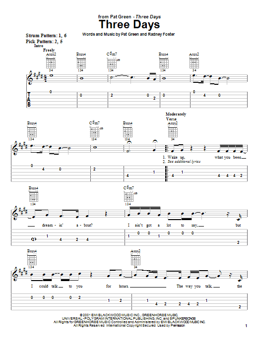 Pat Green Three Days Sheet Music Notes & Chords for Easy Guitar Tab - Download or Print PDF