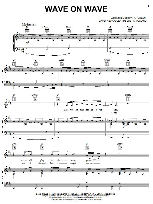 Pat Green Wave On Wave Sheet Music Notes & Chords for Piano, Vocal & Guitar (Right-Hand Melody) - Download or Print PDF