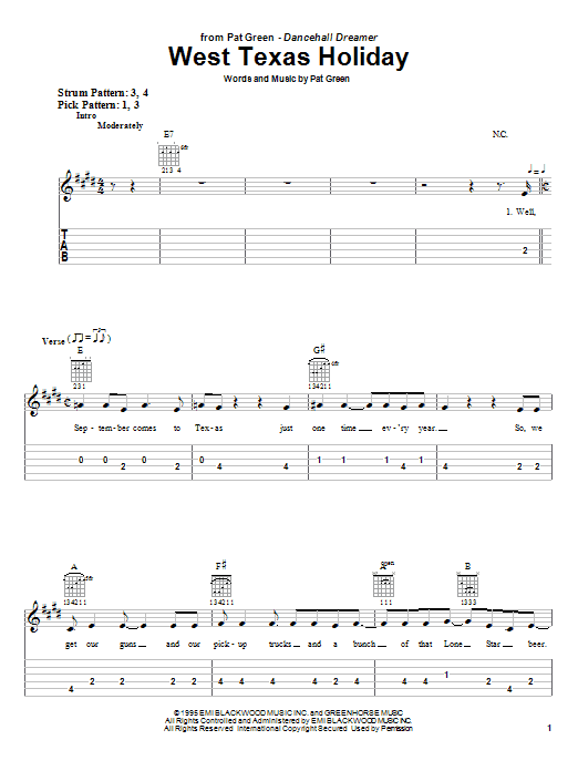 Pat Green West Texas Holiday Sheet Music Notes & Chords for Easy Guitar Tab - Download or Print PDF