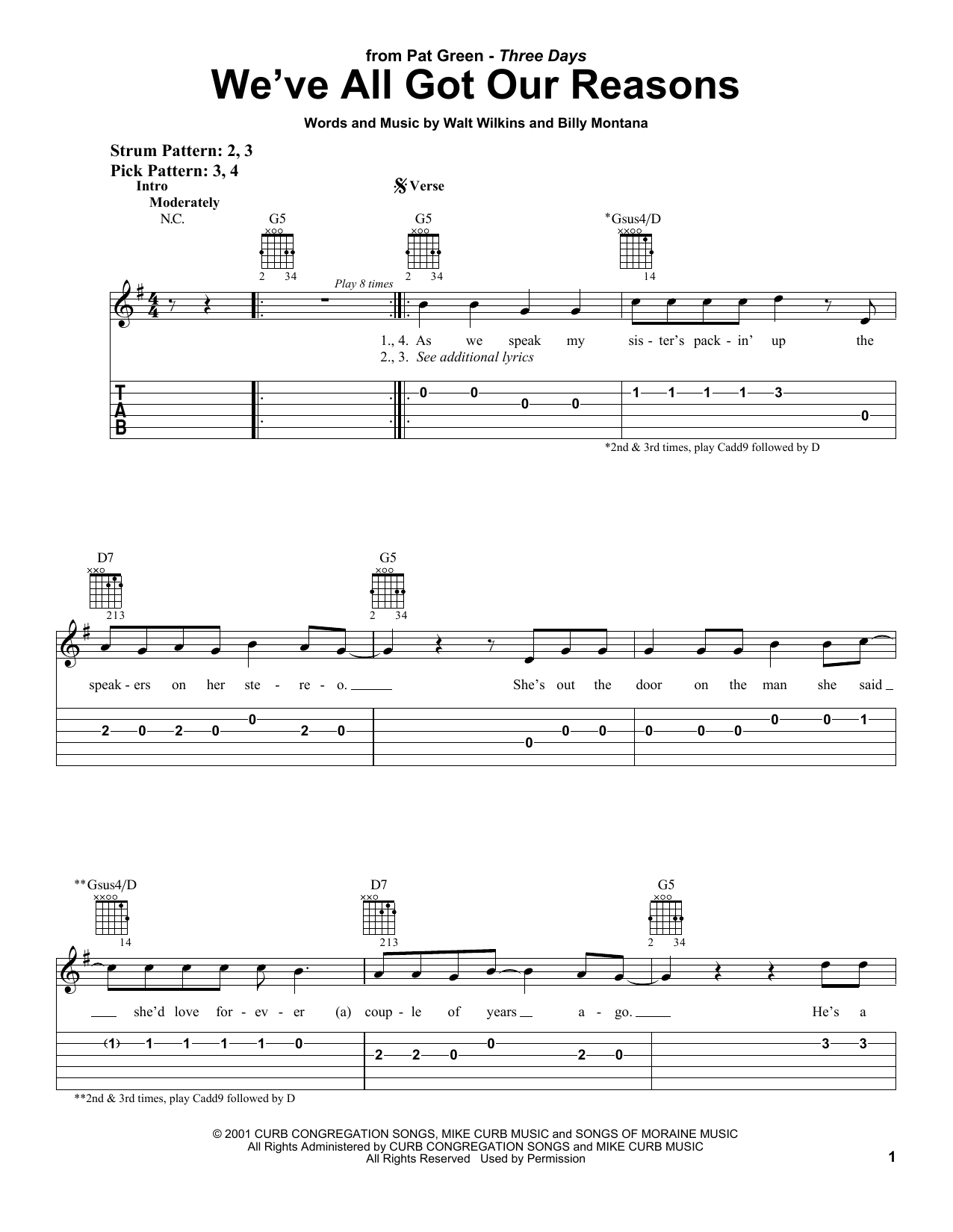 Pat Green We've All Got Our Reasons Sheet Music Notes & Chords for Easy Guitar Tab - Download or Print PDF