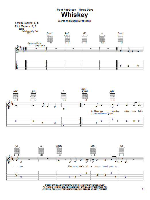 Pat Green Whiskey Sheet Music Notes & Chords for Easy Guitar Tab - Download or Print PDF