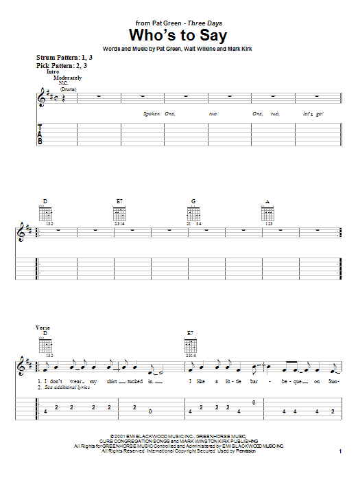 Pat Green Who's To Say Sheet Music Notes & Chords for Easy Guitar Tab - Download or Print PDF