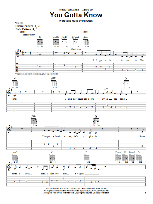 Pat Green You Gotta Know Sheet Music Notes & Chords for Easy Guitar Tab - Download or Print PDF