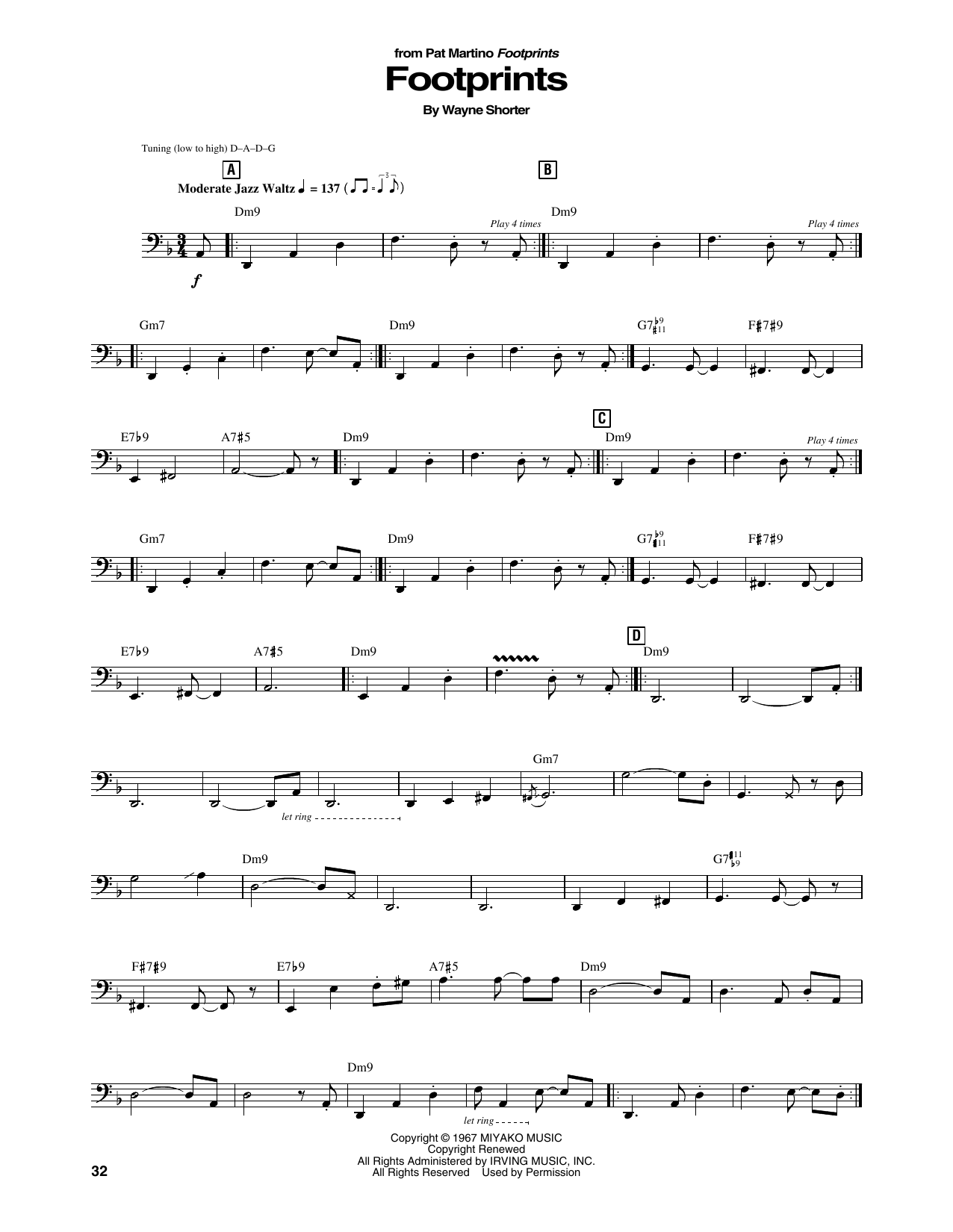 Pat Martino Footprints Sheet Music Notes & Chords for String Bass Transcription - Download or Print PDF