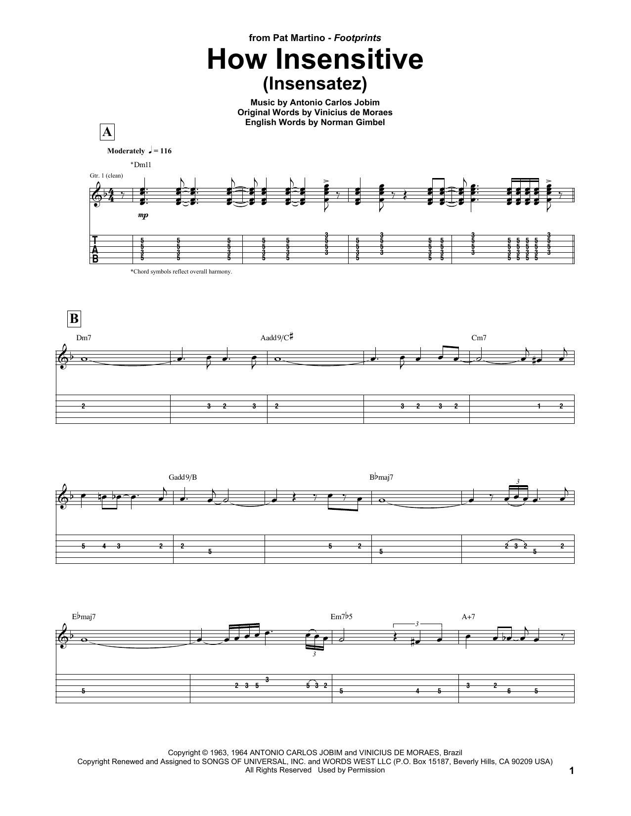 Pat Martino How Insensitive (Insensatez) Sheet Music Notes & Chords for Guitar Tab - Download or Print PDF